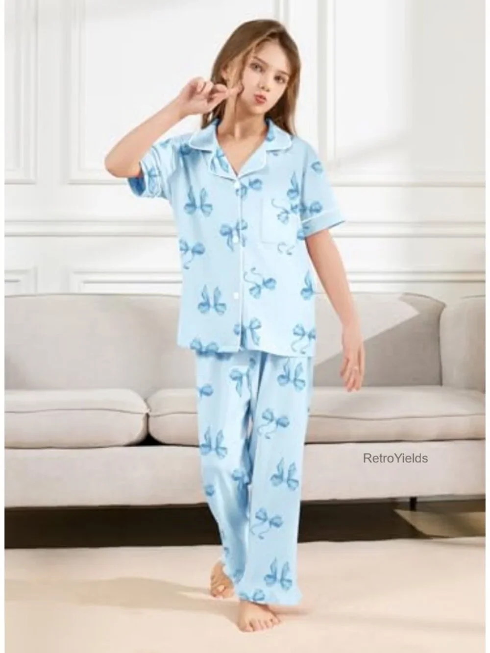Girls Pajama Set 2-Piece Short Sleeve Button Down Top with Ruffle Pants